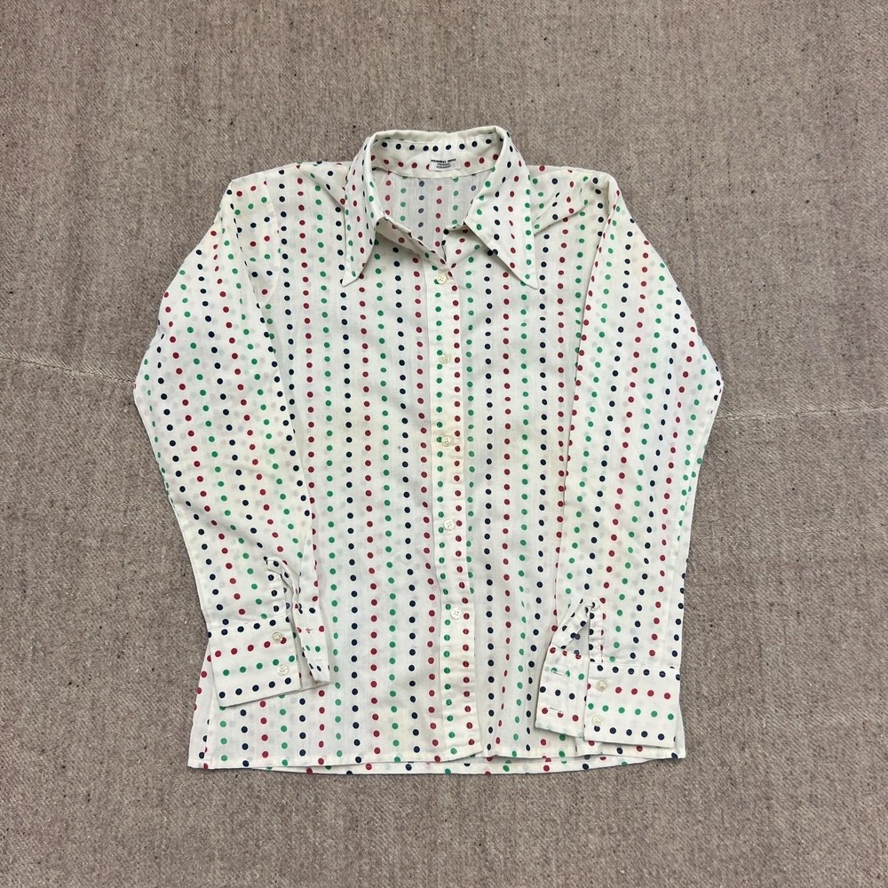Vintage 1970s Polka Dot Button Up Shirt Mens Medium White Long Sleeve